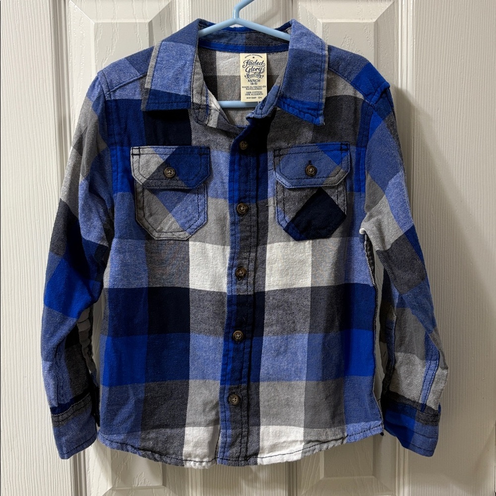Boys Faded Glory Blue and Gray Plaid Shirt